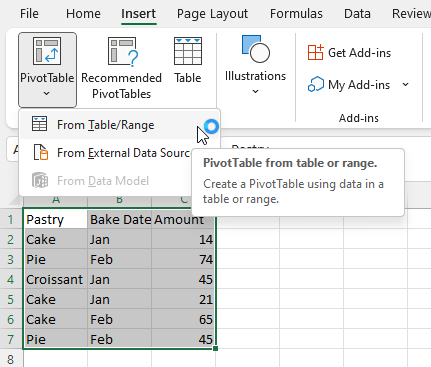 A button in Excel ribbon menu to create a new pivot table from selected range.