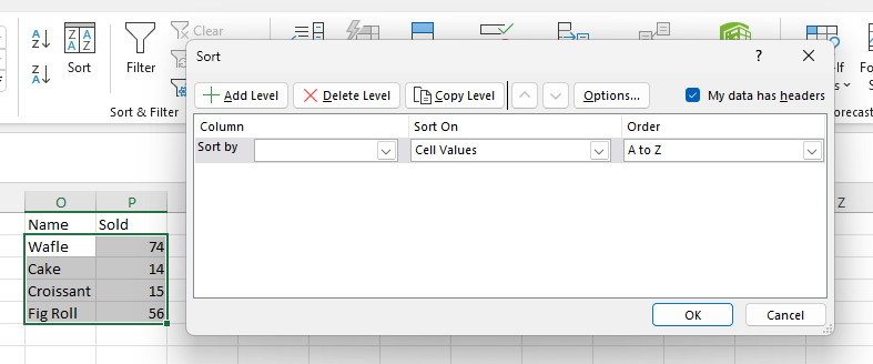 A button in Excel ribbon menu to sort selected value along with a more detailed dialogue.